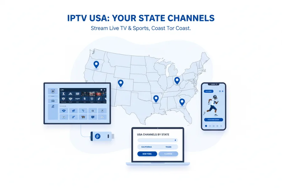 IPTV USA service coverage map illustration showing nationwide channel availability across all 50 states with local network coverage
