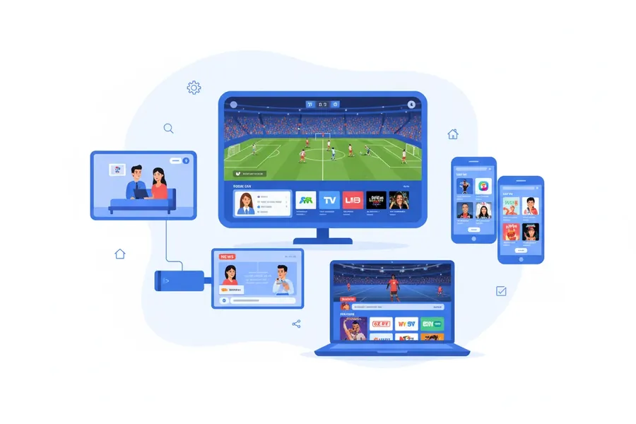 Multi-device IPTV USA subscription plans streaming on TV, laptop, tablet, and smartphone simultaneously with synchronized credentials